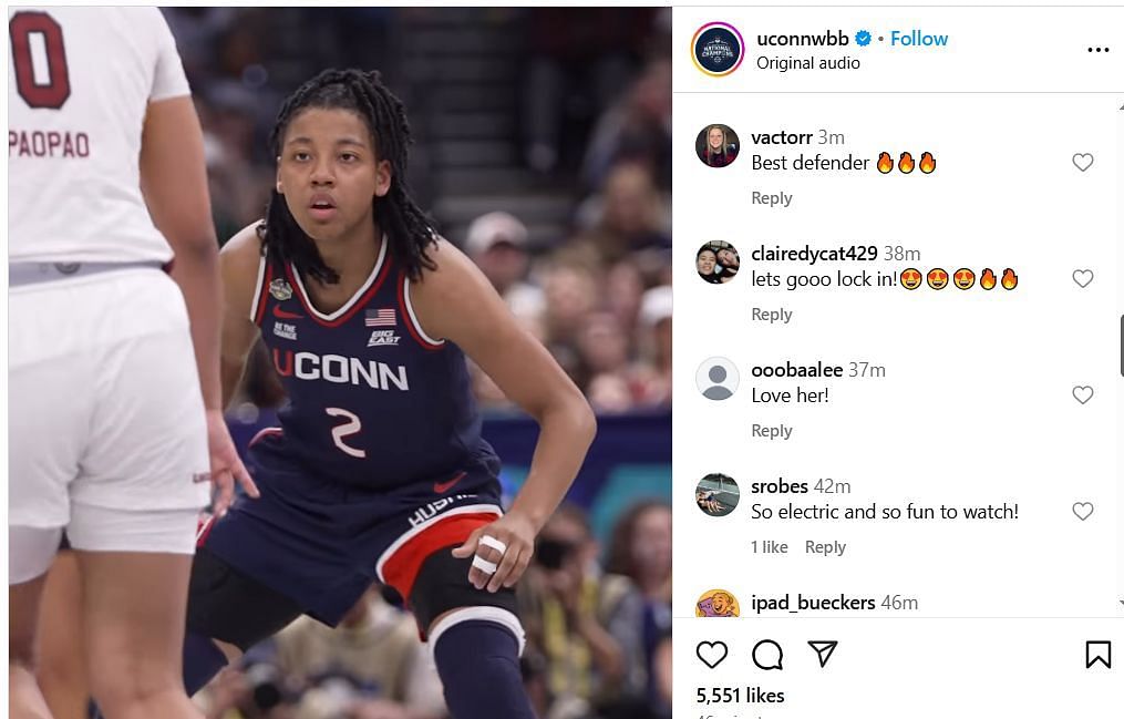 Fans react to UConn's IG video highlights of KK Arnold's energetic performances. Image via @uconnwbb